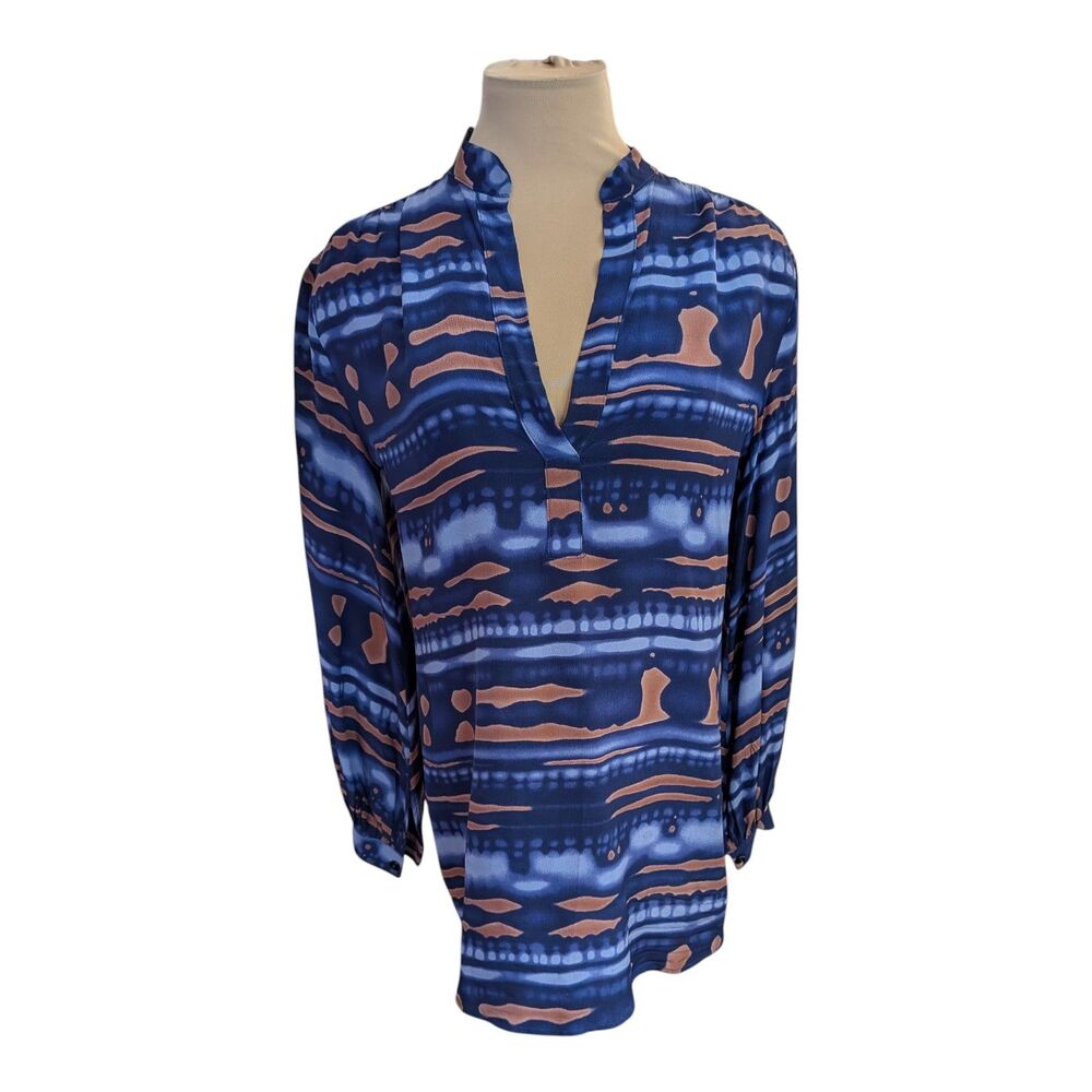 Aaron Ashe Tunic Women's XS Blue V Neck Silk Top Minimalist Quiet Luxury Career